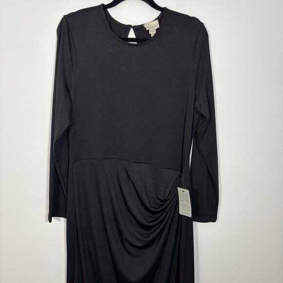 Luxely Black Long Formal Evening Dress Ballgown Size 16 Draped Ruched Waist L/S - Picture 2 of 9